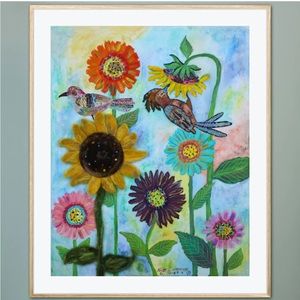 Bird Sunflower Art Print Oil Painting Needle Felt Paper Collage whimsical decor